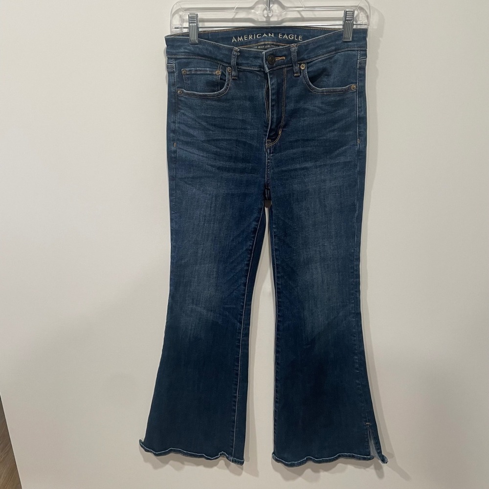 American Eagle‎ Super Hi-Rise Flare Jeans Dark Wash Scallop Hem Size 6 S 28x26